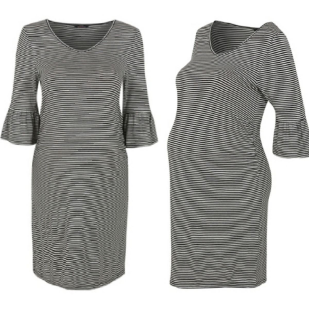U0076-Stripe Flare Sleeve White And Black Maternity Dress