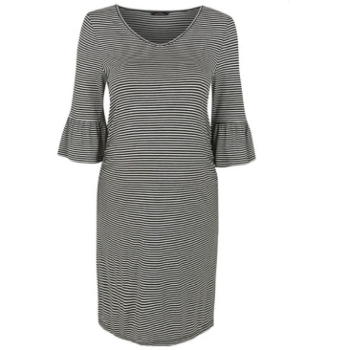 U0076-Stripe Flare Sleeve White And Black Maternity Dress