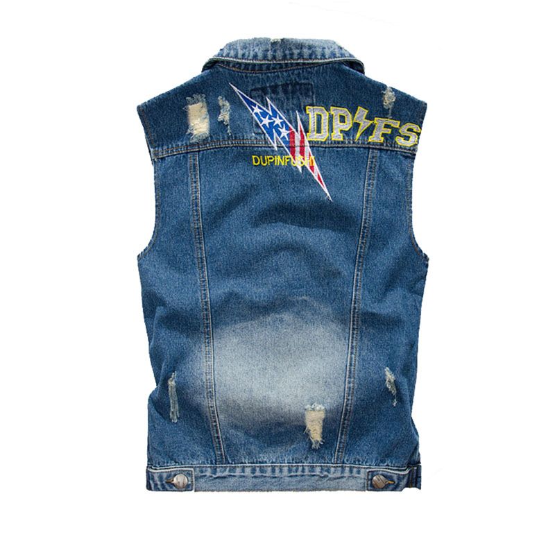 High Quality Men's Denim Vest New Designer Embroidery Vintage Retro Blue Jacket