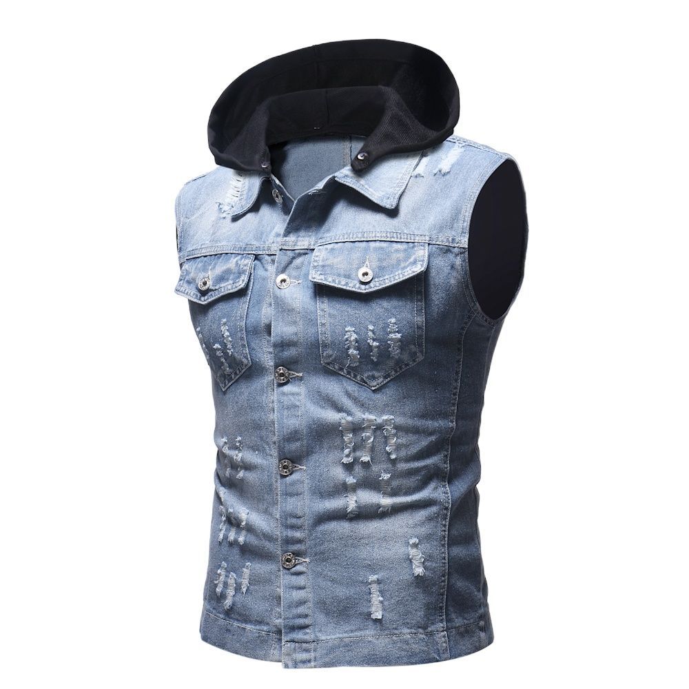 Autumn Winter Men Ripped Distressed Jeans Vest Vintage Sleeveless Denim Jacket
