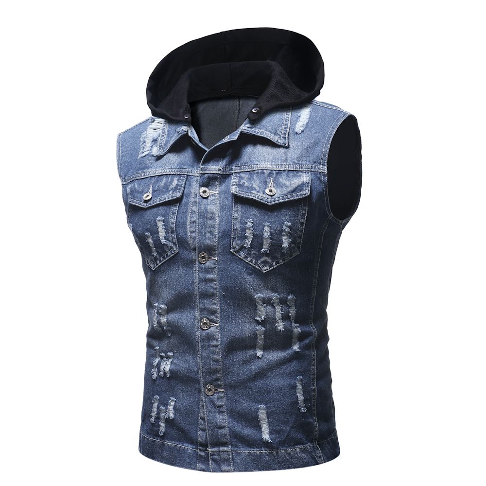 Autumn Winter Men Ripped Distressed Jeans Vest Vintage Sleeveless Denim Jacket