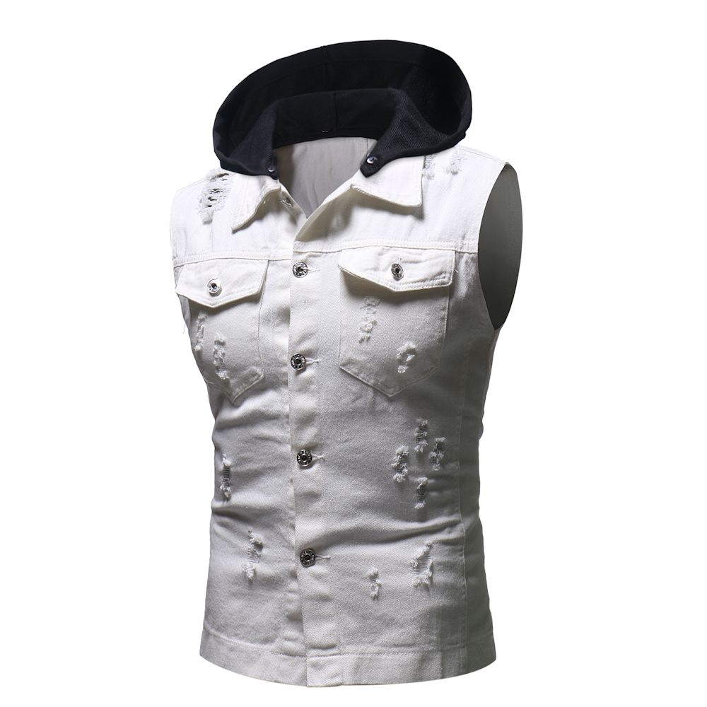 Autumn Winter Men Ripped Distressed Jeans Vest Vintage Sleeveless Denim Jacket
