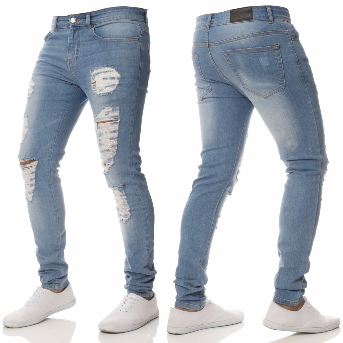 Men's Handsome Jeans Personality Ripped Slim Pants - Light Blue