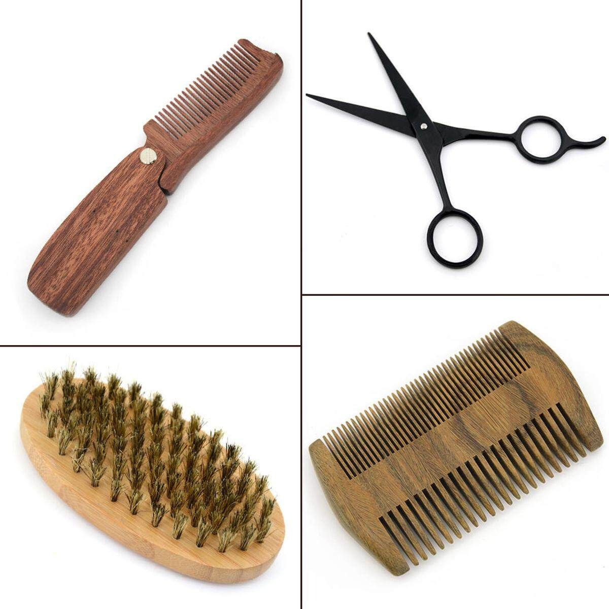2/3/4 In 1 Boar Bristles Beard Brush Kit Comb Scissor Shaping Grooming Care Set Four Piece Suit