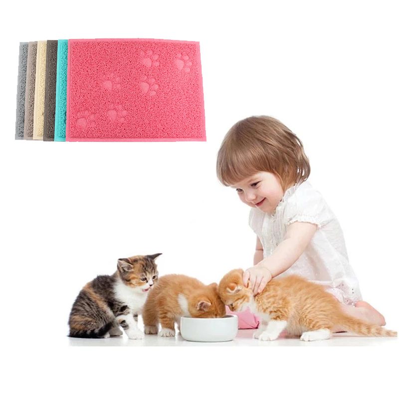 Pet Dog Cat Feeding Mat Litter Pad Cute Paw PVC Bed Dish Cushion Bowl Food Placement-Red
