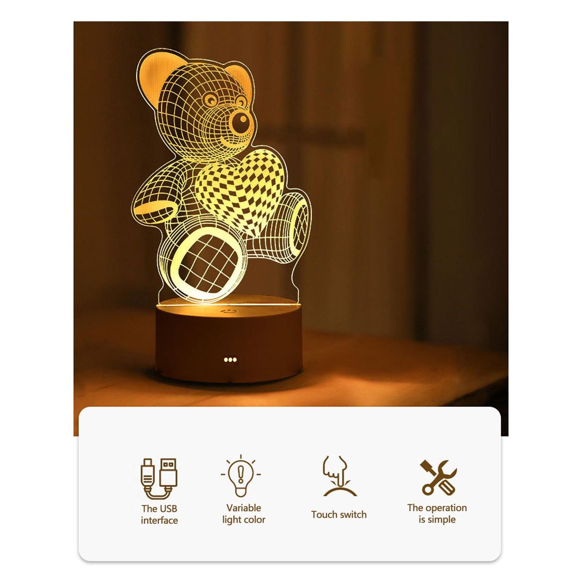 Children Cartoon USB Charge 3D Bedside Small Night Lamp Cute Vivid Engraved Animal Night Lamp