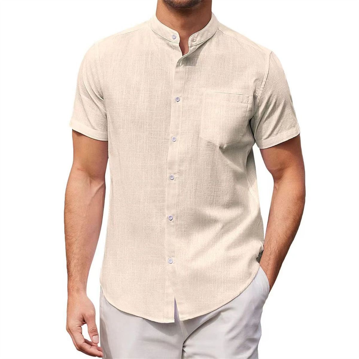 （Khaki）Vintage Designer Men's Shirts Casual Solid Color Short Sleeve Shirts