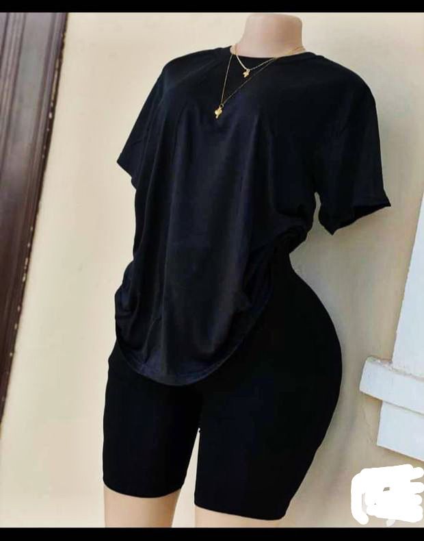 Thick Black Biker Short With Plain Tee Round Neck Polo  For Women