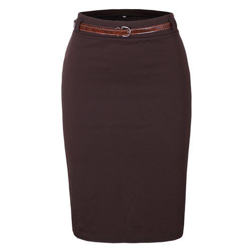 Fitted Bodycon Midi Skirt With Belt - Brown
