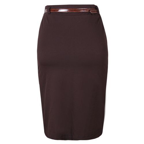 Fitted Bodycon Midi Skirt With Belt - Brown