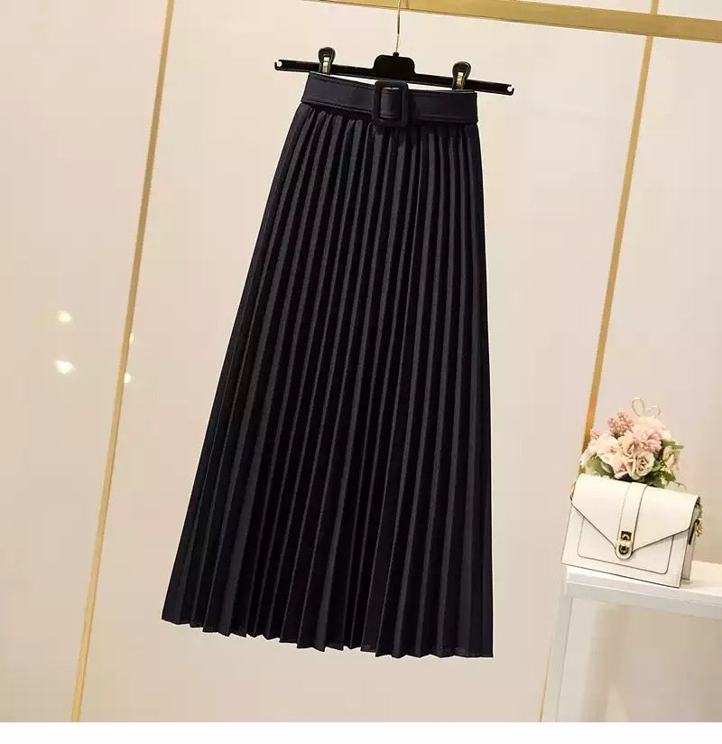 Plated Black Skirt High Waist Skirt For Women - LONG SKIRT