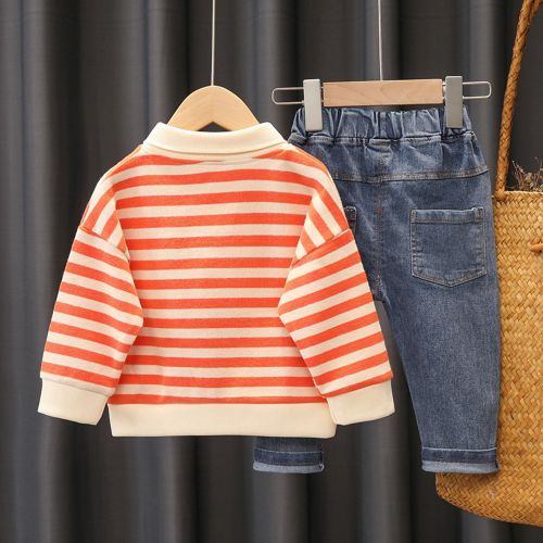 Boy's Striped Sweater Baby Astronaut Jeans Long-sleeve Two-piece Suit Red
