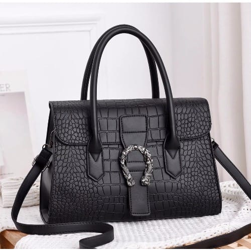Trend Tote Bag With Metal Buckle Handbag - Black