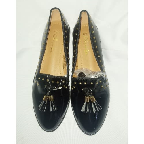 Patent Leather Edge Studded Flat Loafers - Black