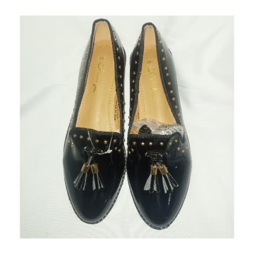 Patent Leather Edge Studded Flat Loafers - Black