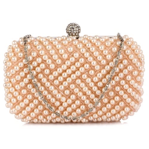 Beaded Rhinestone Clutch Bag - Champagne