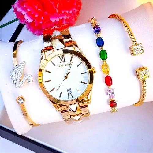 Super Stylish Non Fading Gold Wristwatch + 3 Bracelets For The Angels