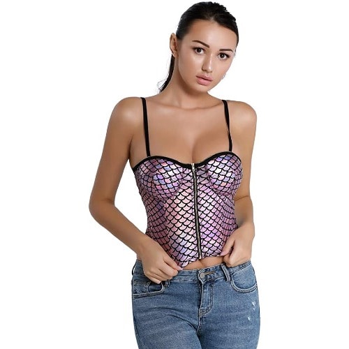 Women’s Sexy Push Up Bustier -  Crop Top Spaghetti Strap - Mermaid Fish Scale Pattern Corset