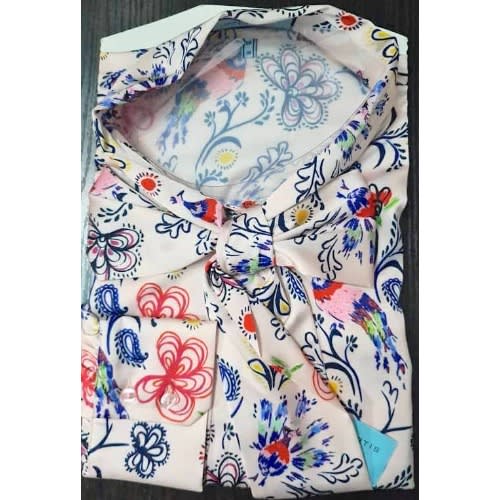 Women's Floral Print Pussy Bow Blouse - Pink & Red