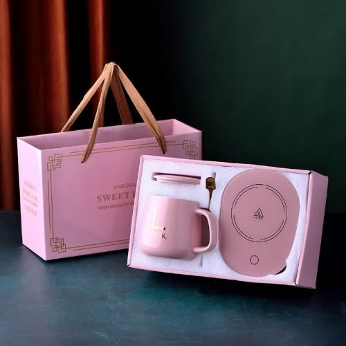 Insulated Ceramic Coffee Mug With Heating Pad, Cover And Teaspoon - Pink