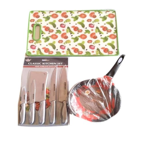 Knife Set + Chopping Board + Non Stick Frying Pan