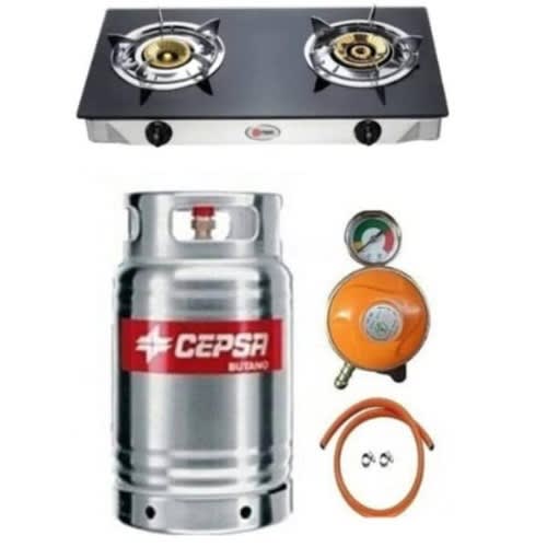 Cepsa 12.5kg Stainless Gas Cylinder With Glass Top Double Burner, Metered Regulator, Hose