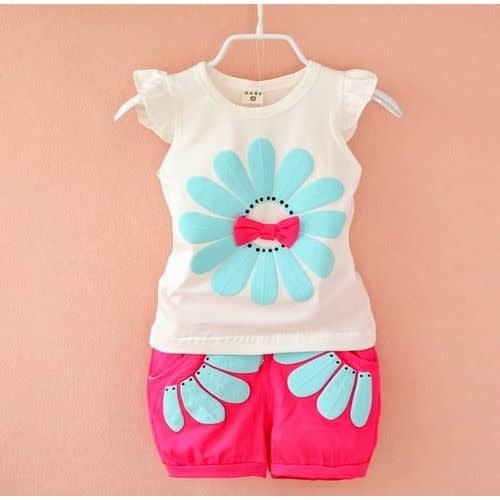 Girl's Petal Top With Short Two Piece Set - White/red