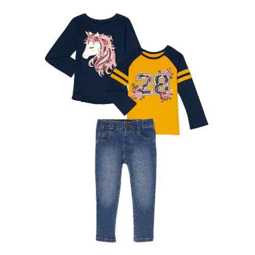 Girls Long Sleeve Glittering Unicorn Top & Jeans- 3 In1 Set
