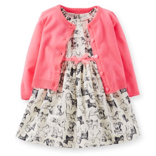 Baby Girl  Dog Print Dress & Cardigan Set
