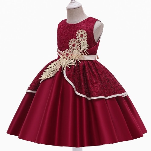 Lace Satin Gown With Sequins Leaf For Girls- DeepRed