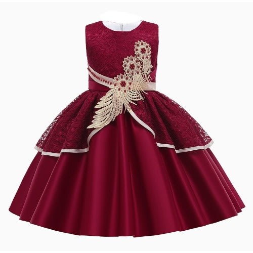 Lace Satin Gown With Sequins Leaf For Girls- DeepRed