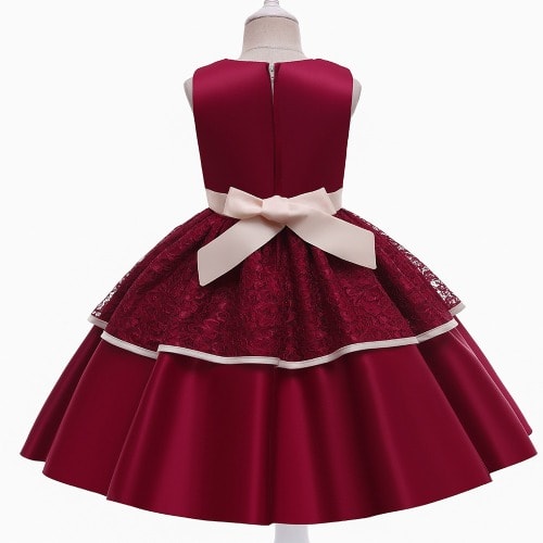 Lace Satin Gown With Sequins Leaf For Girls- DeepRed