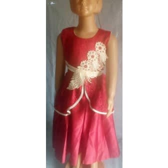 Lace Satin Gown With Sequins Leaf For Girls- DeepRed