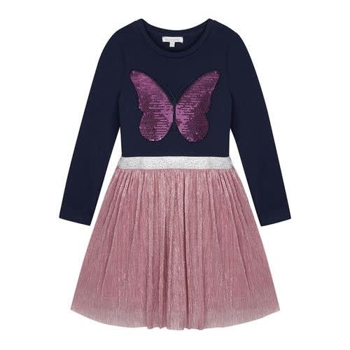 Girls' Navy Sequin Butterfly Mock Dress
