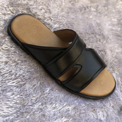 Men's Italian Leather Cross Slippers - Black