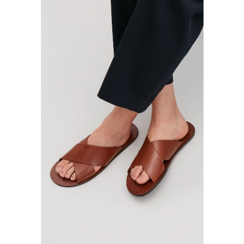 Numbes Brown Italian Leather Crossover Slippers