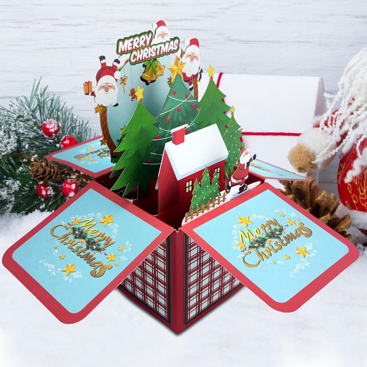 Birthday Gift Card 3d Christmas Greeting Card Santa Claus Snowman Wine Red