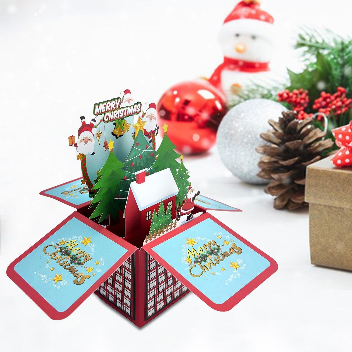 Birthday Gift Card 3d Christmas Greeting Card Santa Claus Snowman Wine Red