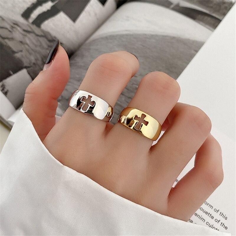 Trendy New Hollow Out Cross Open Ring Hip Hop Punk Gold and Silver Rings for Women Body Jewelry Fashion Gifts