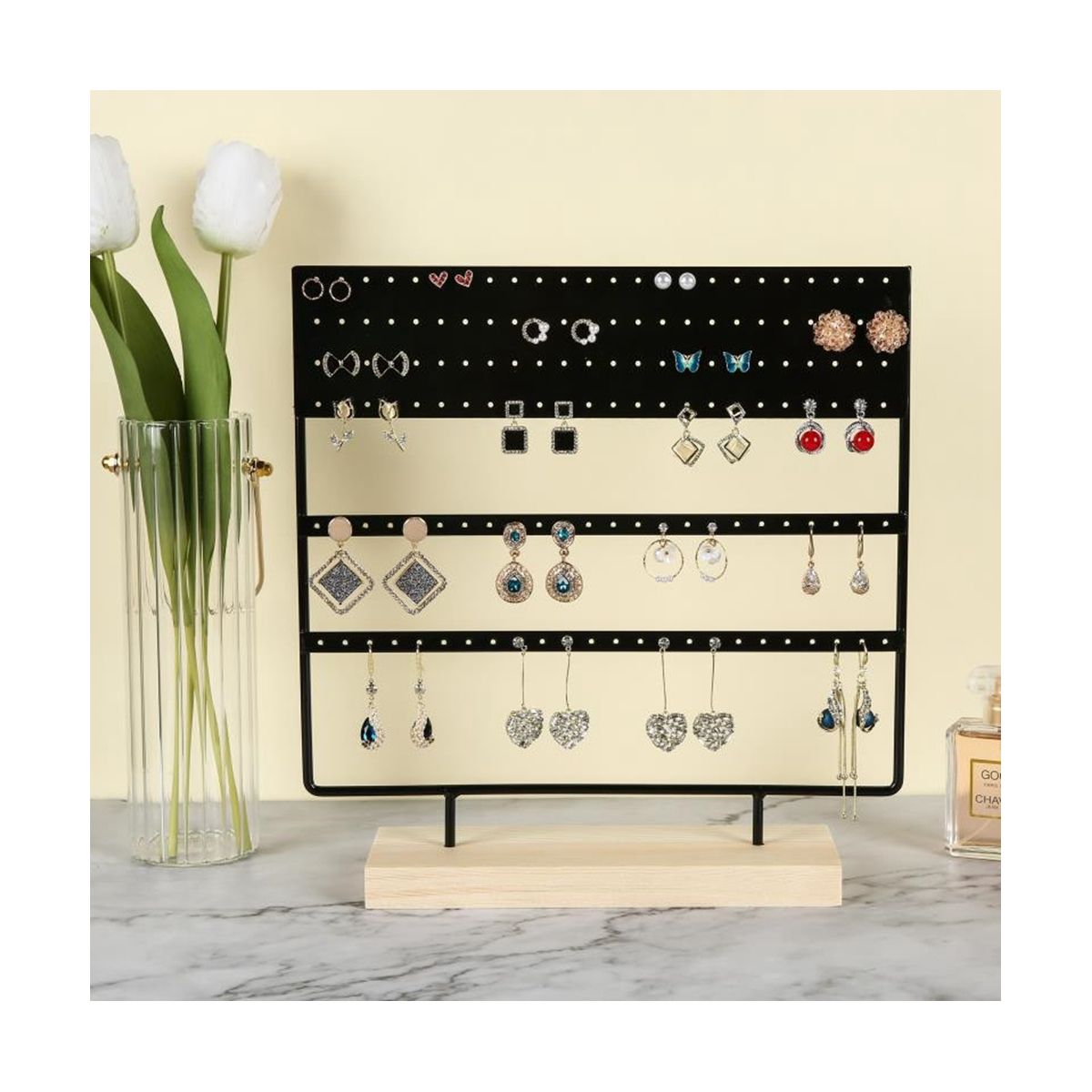 Earring Holder Earring Organizer Stand 6-Layer 144 Holes Earring Display Stand with Wooden Tray for Hanging Earrings