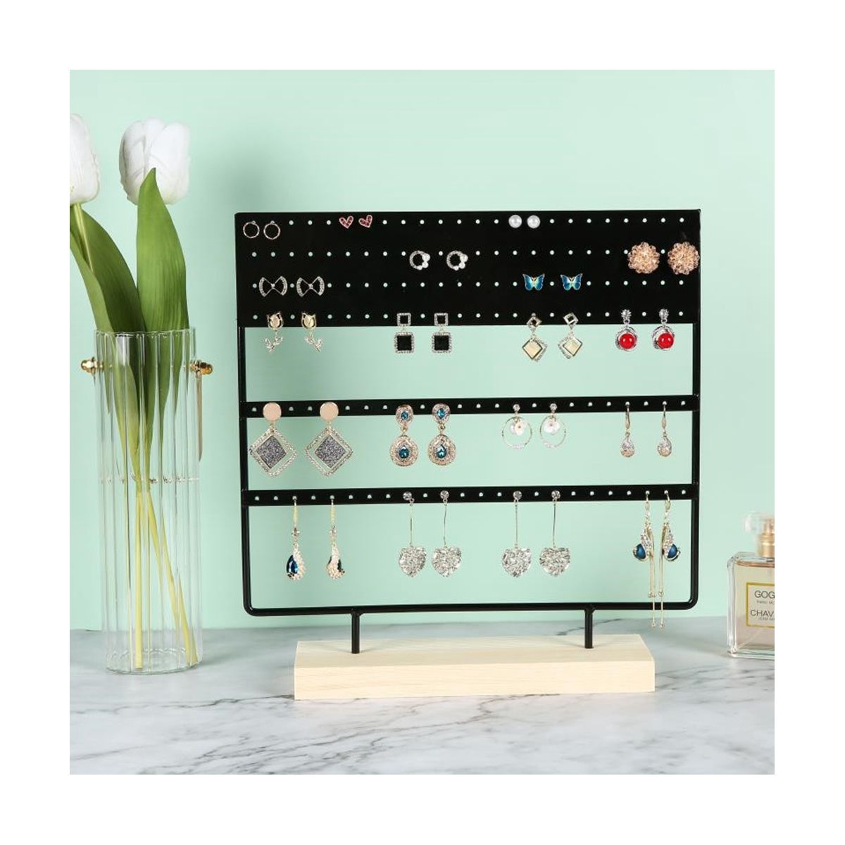 Earring Holder Earring Organizer Stand 6-Layer 144 Holes Earring Display Stand with Wooden Tray for Hanging Earrings