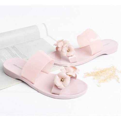 Ladies Tri-Petal Rose Jelly Slippers - Nude