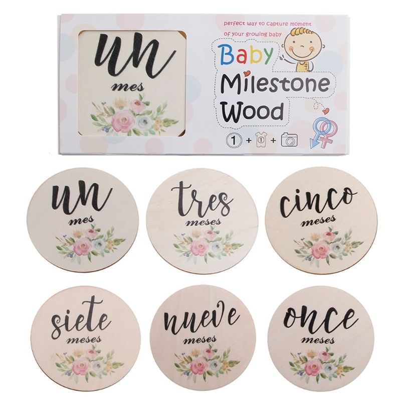 6 Pcs Wooden Spanish Letters Baby Milestone Cards Newborn
