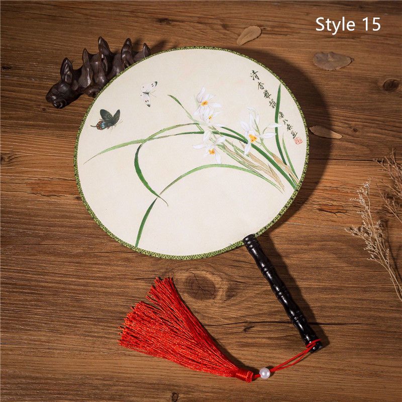 Style Styles Classical Circular Printed Chinese Side Silk Dancing Tassel Round Flower Female Fan Handheld Pendant 28 Both With