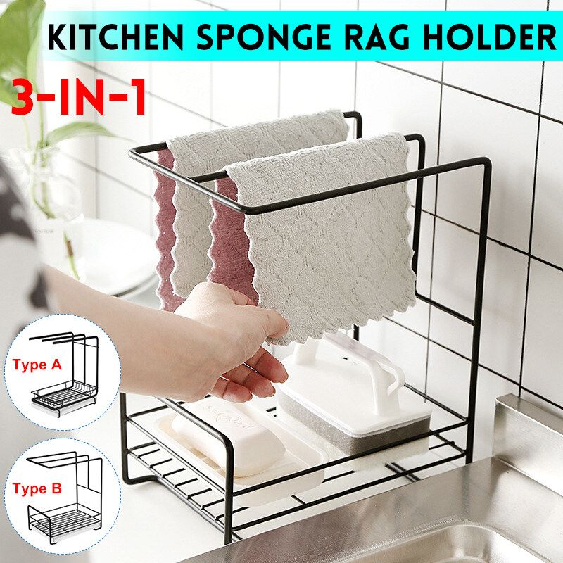 Kitchen 3-IN-1 Sponge Rag Holder Rack Drain Tray Stainless Steel Organizer Hold Rag Rack Types A/B Black Black Type A