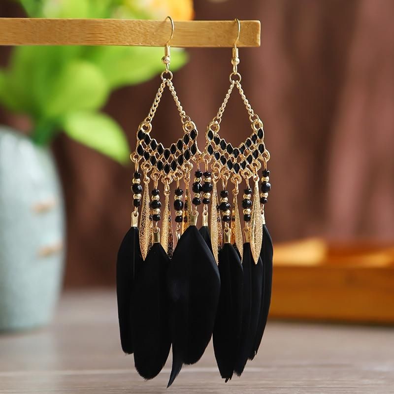 Bohemian Ethnic Feather Women's Earrings Long Drop Dangle Wedding Jewelry Indian Gold Color Handmade Beaded Earrings Pendientes