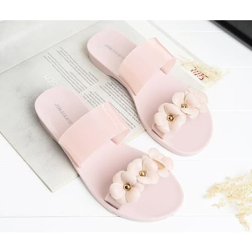 2 In 1 Ladies Tri-Petal Rose Jelly Slippers - Black & Nude