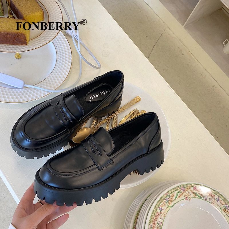 Round Toe Street Style Chunky Heel Platform Women Loafers Shoes 2021 Black Punk Goth Y2K Designer Moccasin Women