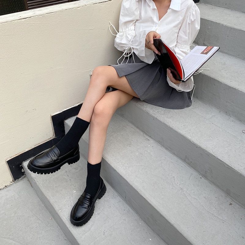 Round Toe Street Style Chunky Heel Platform Women Loafers Shoes 2021 Black Punk Goth Y2K Designer Moccasin Women