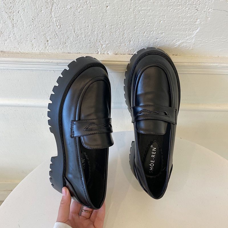 Round Toe Street Style Chunky Heel Platform Women Loafers Shoes 2021 Black Punk Goth Y2K Designer Moccasin Women